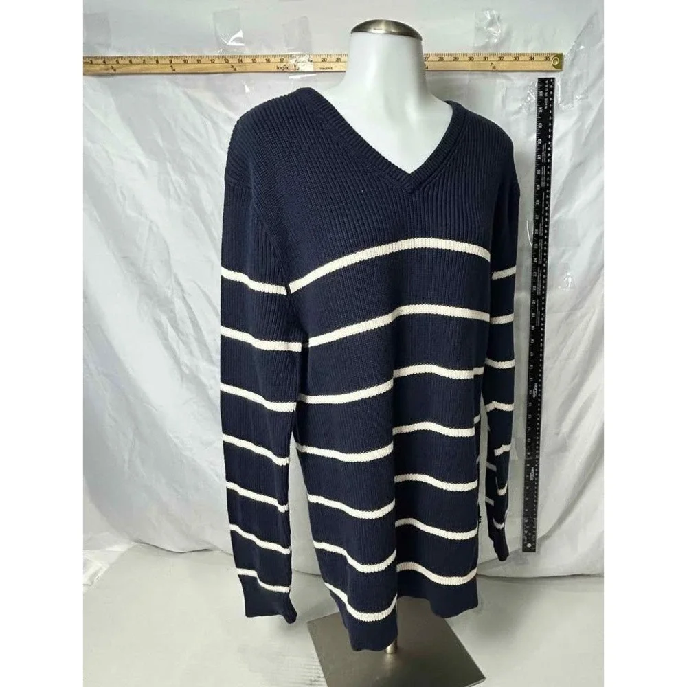 Nautica Jeans Co Mens XXL Navy Blue White Striped‎ Ribbed V-Neck Cotton Sweater